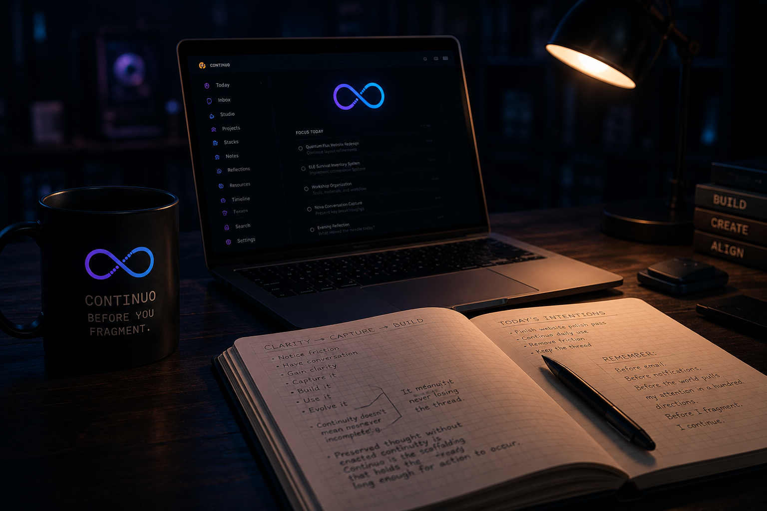 Moody morning workspace with Continuo open on a laptop, coffee mug, notebook, and desk lamp