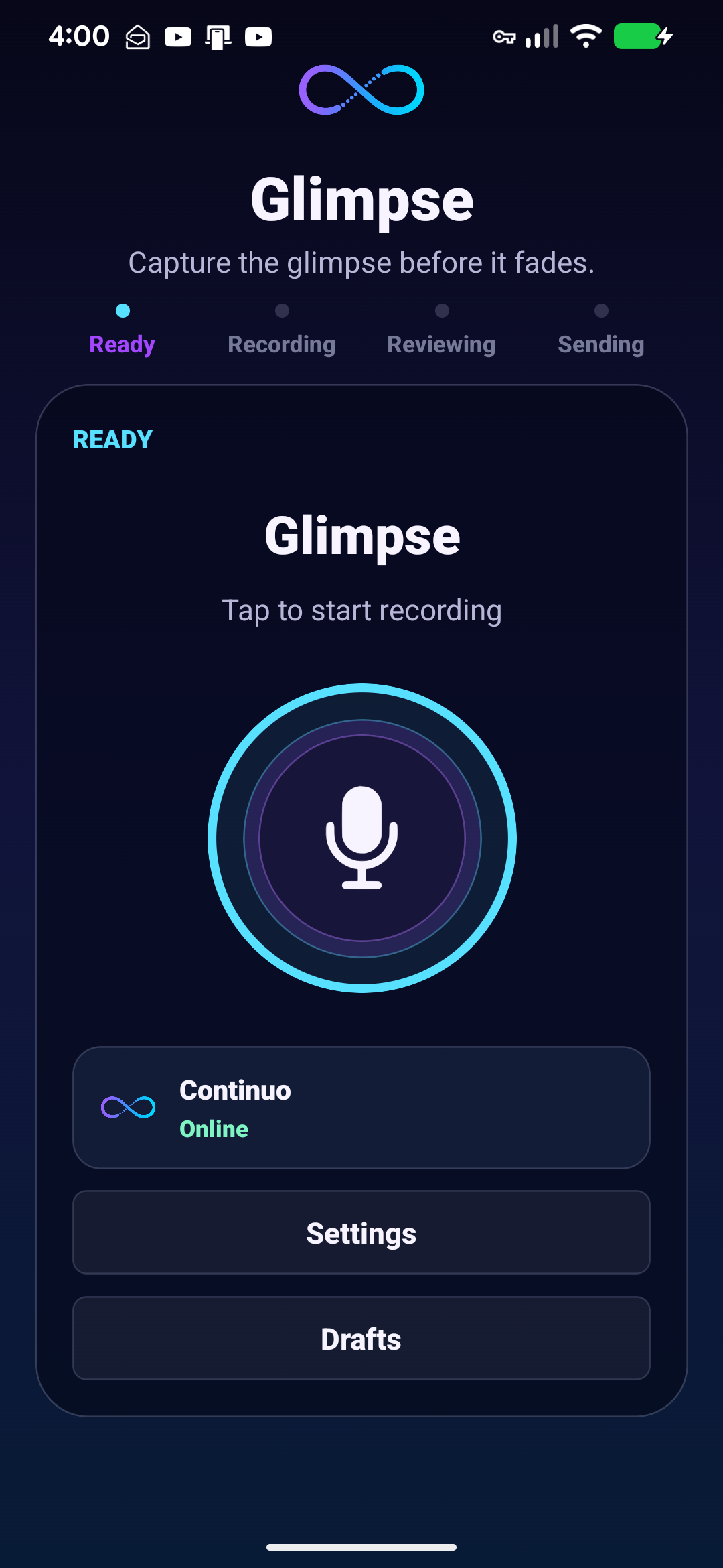 Glimpse ready capture screen