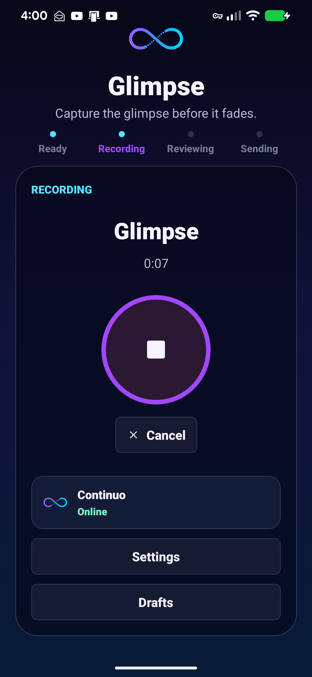 Glimpse recording screen