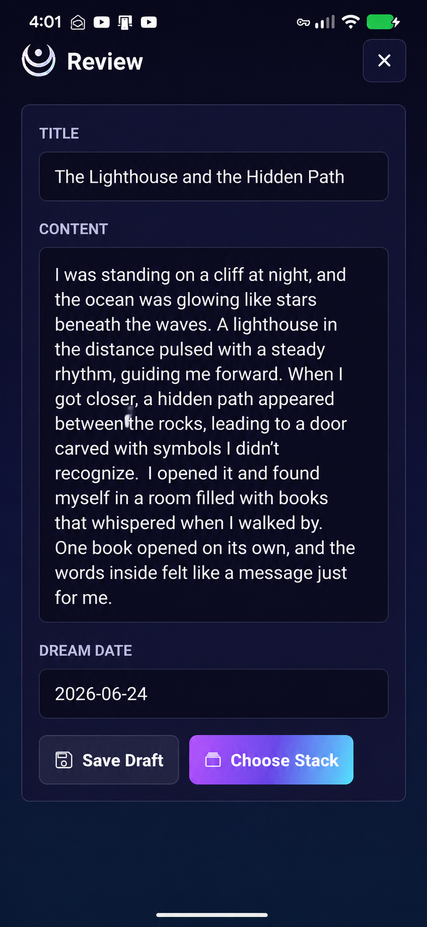 Glimpse dream review screen