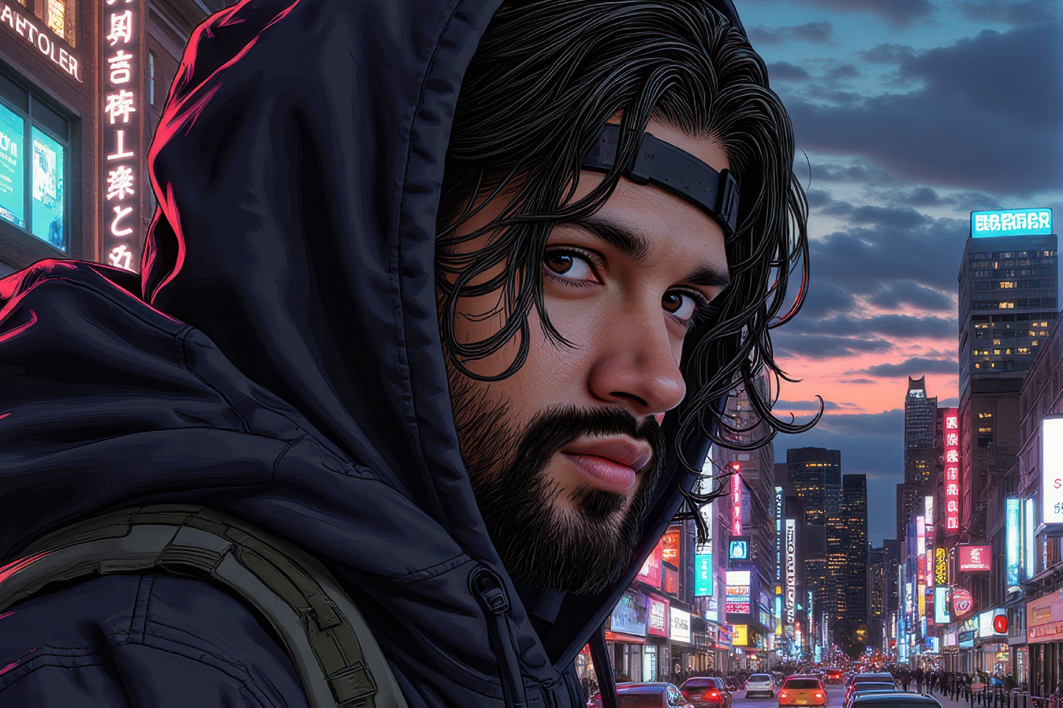 The Phantom alter ego in a neon city