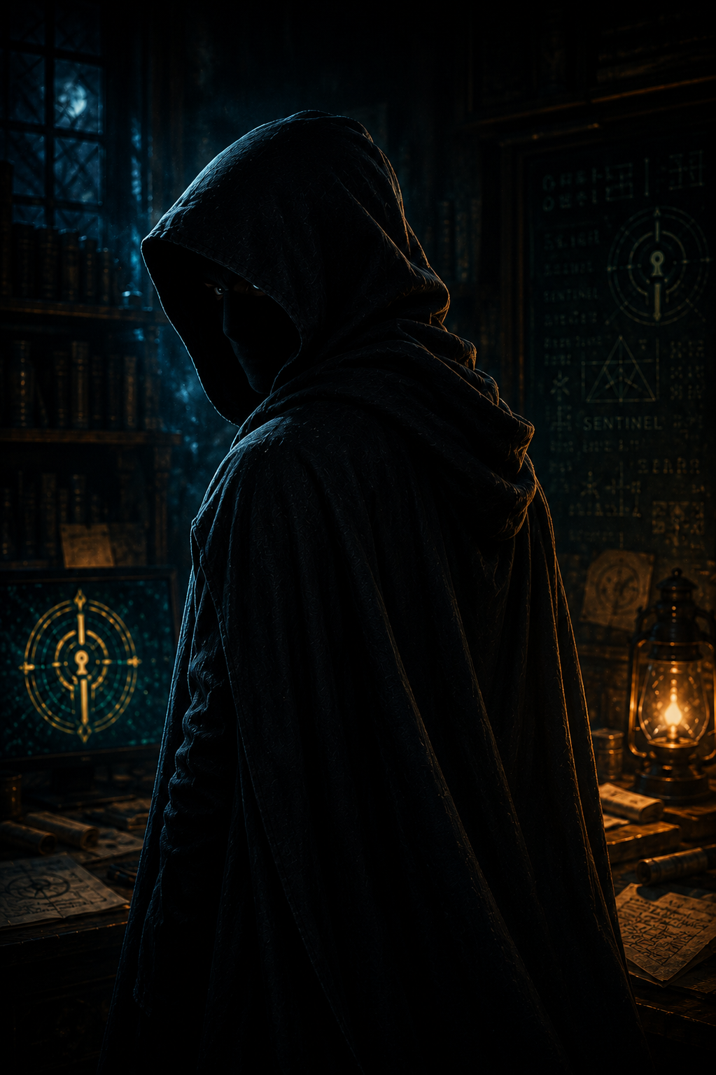 A hooded figure watching from the shadows.
