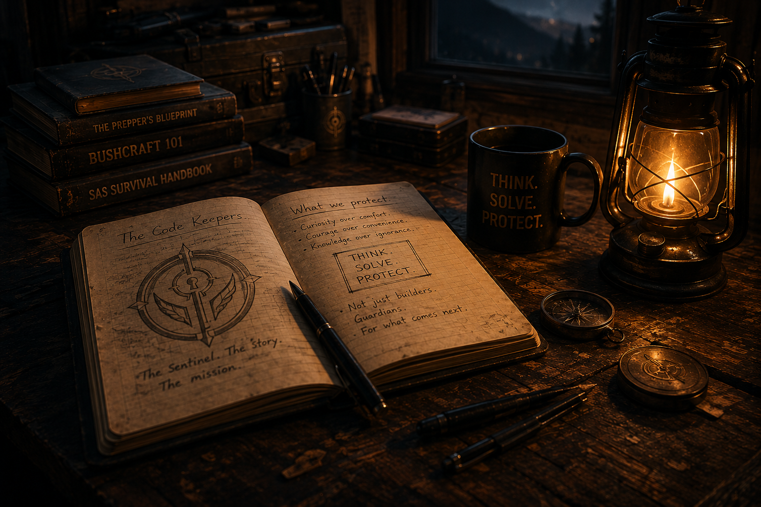 A notebook, lantern, and mug reading Think Solve Protect.