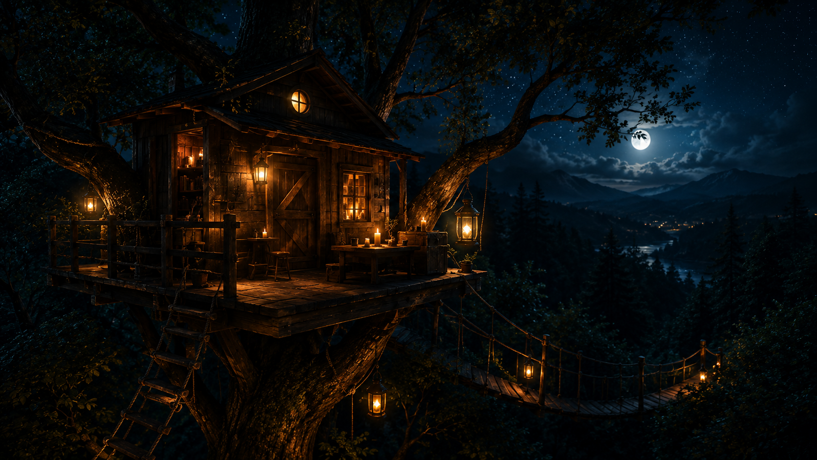 A candlelit treehouse at night under the stars.
