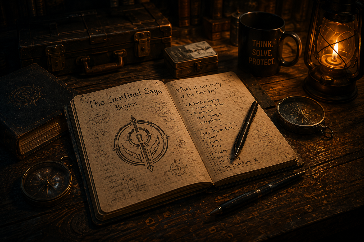 An open notebook with sketches and notes for The Sentinel Saga.